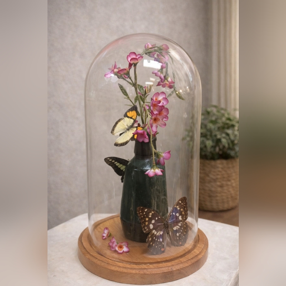 Glass Dome with Butterflies and Flowers